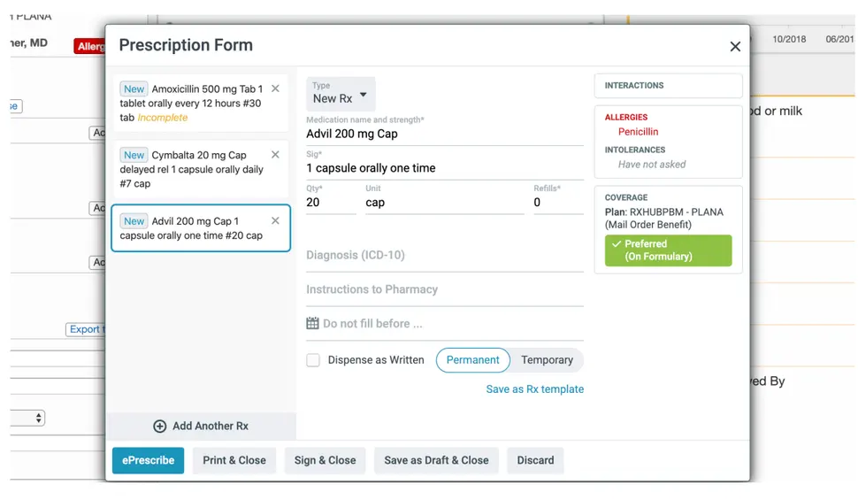 Dashboard view of ElationHealth EMR Software displaying its e-prescribing (eRx) feature