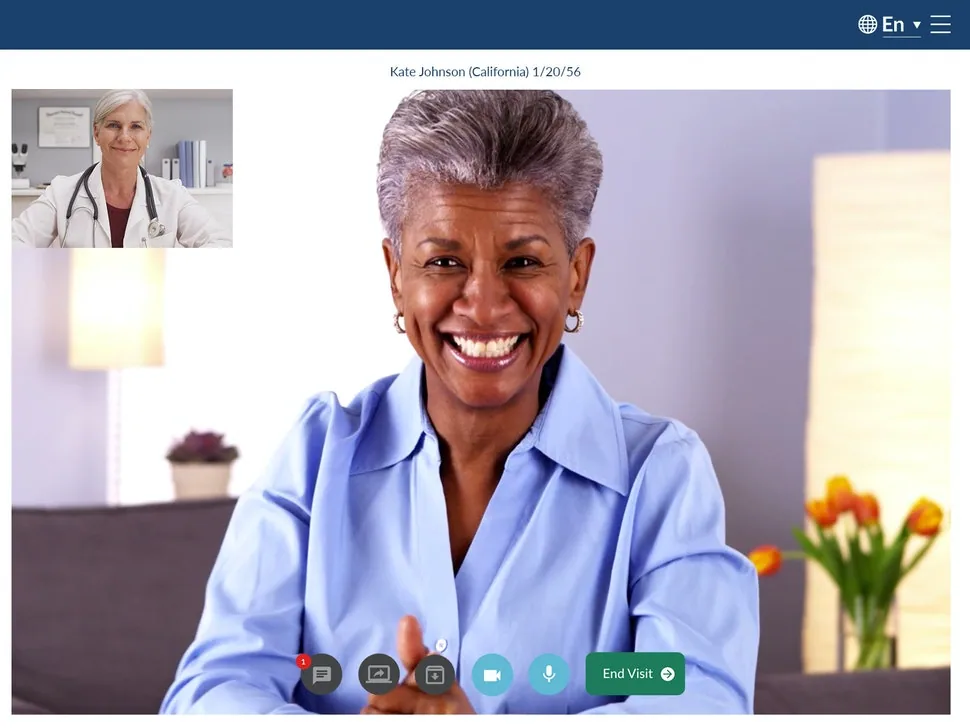 screenshot image of NextGen EHR software showing a virtual consultation between a patient and a physician via a telehealth system.
