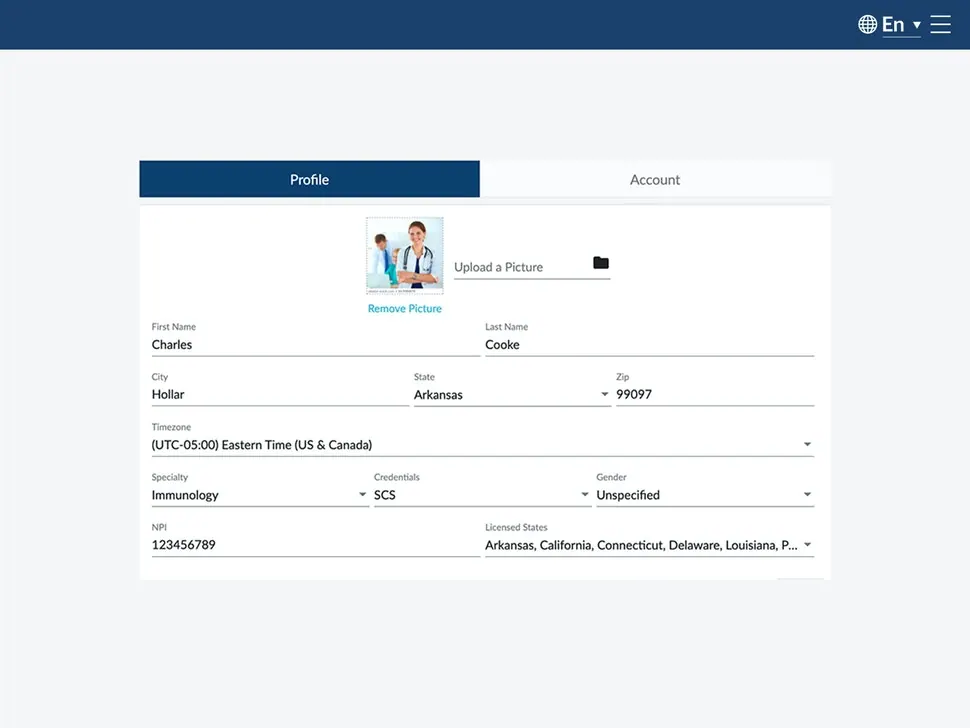 NextGen virtual visit EMR software profile setup screenshot.