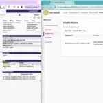 Split-screen screenshots of medical records: left shows patient portal with navigation and notes, right shows a Medications page listing a drug with dosage and date.