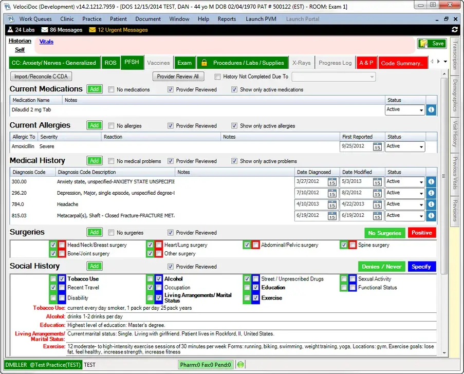 Dashboard view of VelociDoc EMR Software displaying patient history