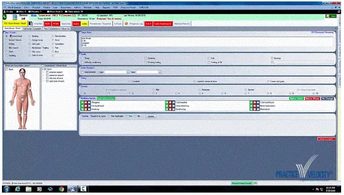 Screenshot view of VelociDoc EHR Software displaying physical exam, diagnosis and treatment plans.