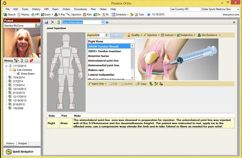 Phoenix Ortho EHR Software orthopedic treatment details interface screenshot.