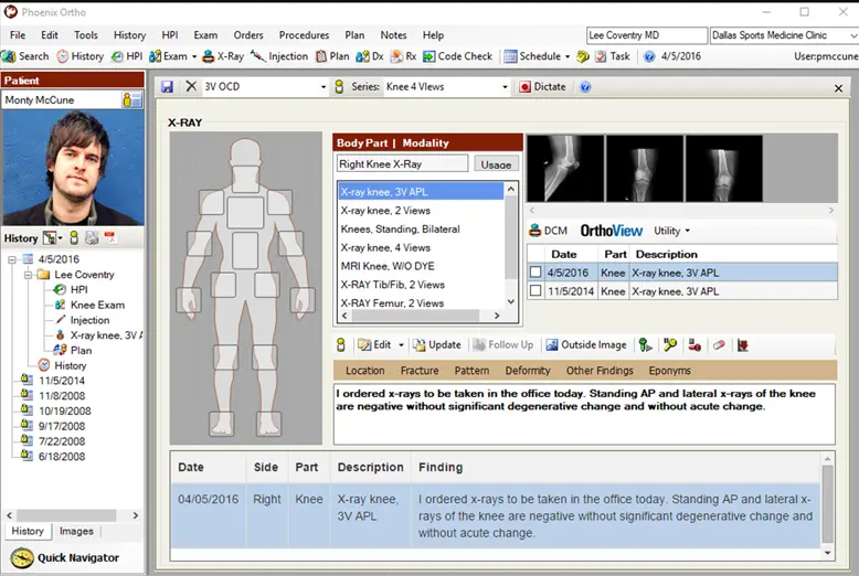 Phoenix Ortho EHR software X-ray images evaluation dashboard screenshot.