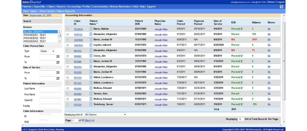 WEBeDoctor EHR software accounting and claim tracking dashboard screenshot