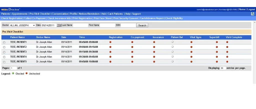 WEBeDoctor EMR software patient appointment and pre-visit checklist status dashboard screenshot.