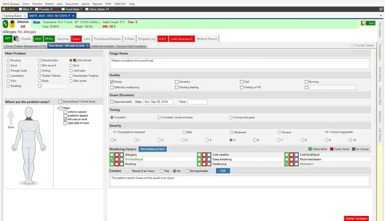 Experity EMR software Patient evaluation and clinical documentation interface screenshot.