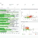 Dashboard titled Throughput Metrics: left column lists physicians with horizontal stacked bars indicating percentages; right panel shows two charts: Exam vs Waiting Room Time and Visit Duration vs Volume.