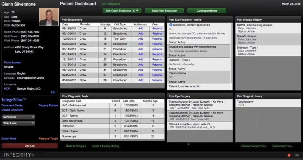 Integrity For Eyes EMR Practice Management Software Patient Dashboard