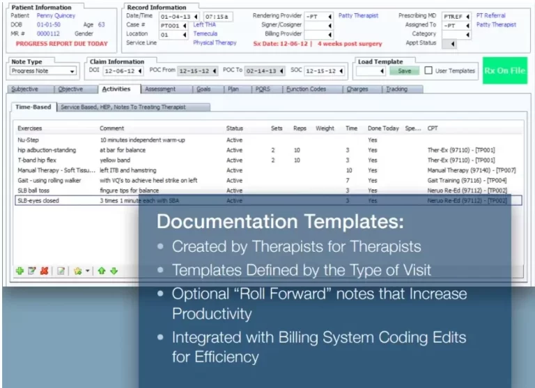 Raintree EMR software showing therapy activities and customizable documentation tools for therapists.