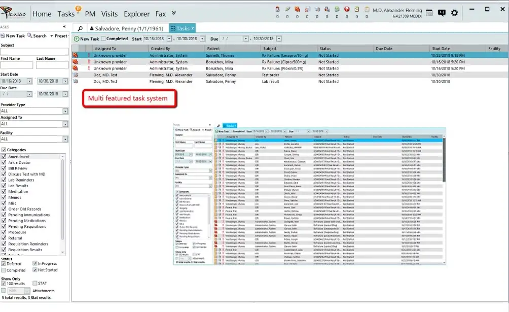 Picasso EHR Software EMR demo showing a multi-featured task system dashboard for patient management, task tracking, and lab result monitoring.