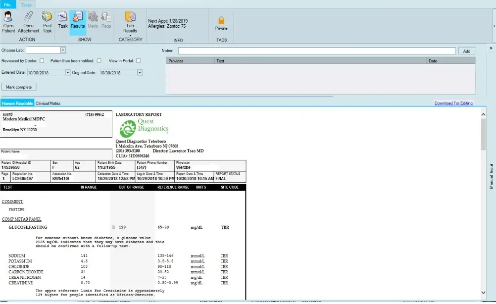 Picasso EHR software lab result dashboard screenshot.