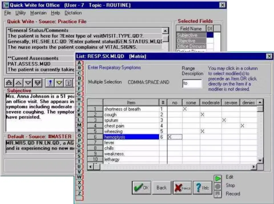 Q.D. Clinical EMR software showing patient notes and symptoms checklist dashboard screenshot.