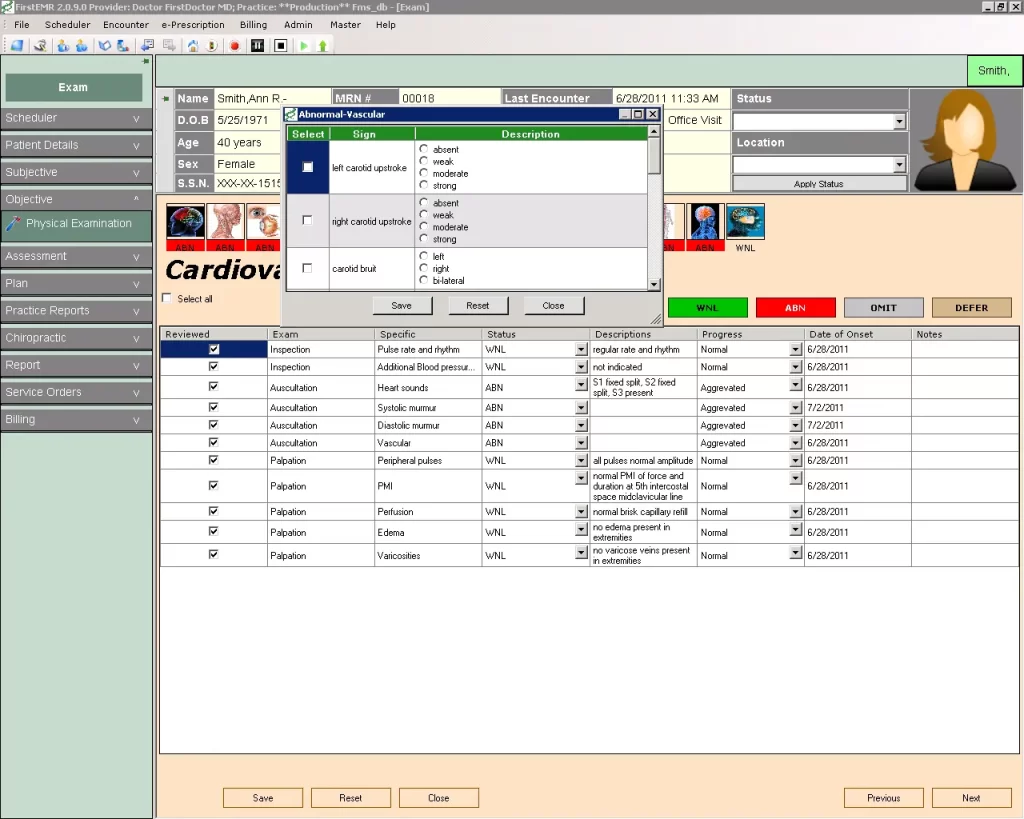 FirstEMR Software physical exam
