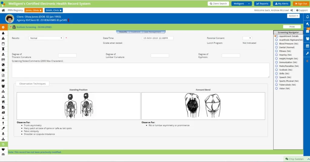 Welligent Behavioral EHR software showing pediatric scoliosis assessment with diagrams, dashboard screenshot.