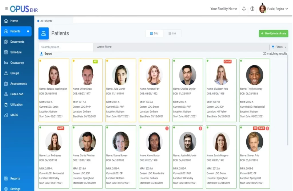 OPUS EHR software patient dashboard showing a grid of patient profiles with photos and demographics.