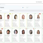 OPUS EHR software patient dashboard showing a grid of patient profiles with photos and demographics.