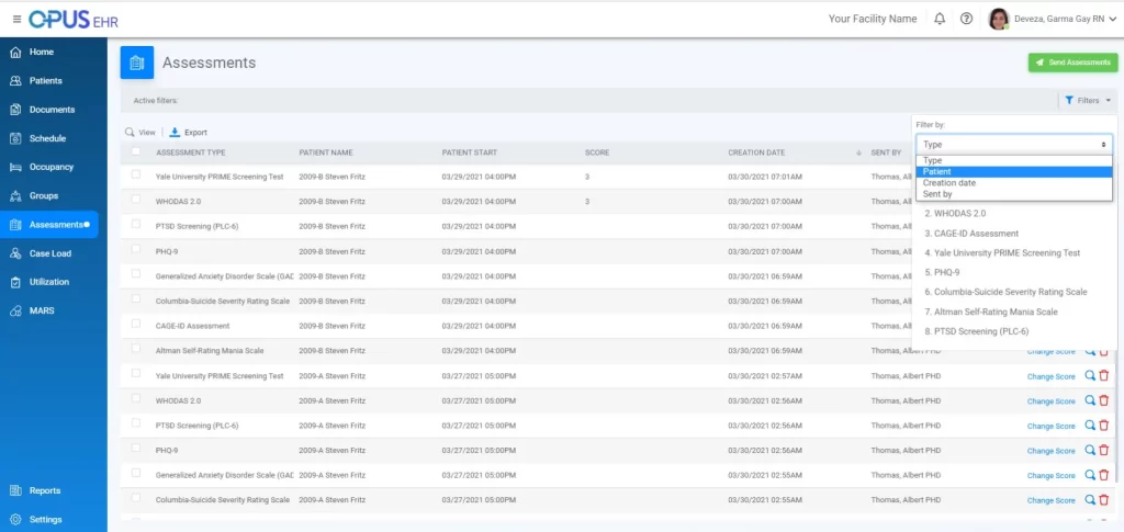 Opus EHR software patient assessment and details list dashboard screenshot.