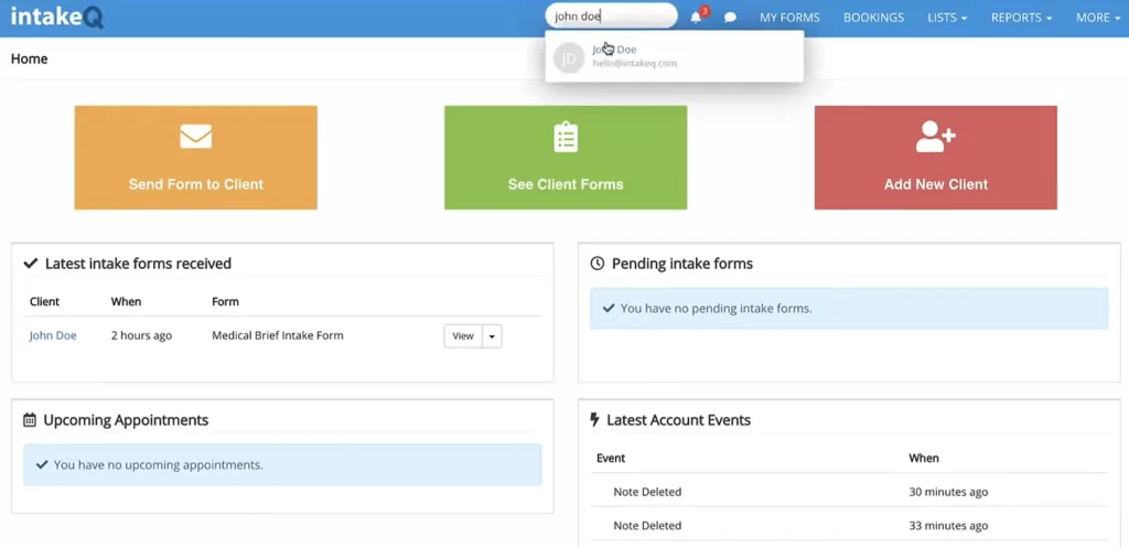 intakeQ Practice Management Software - electronic patient intake form dashboard