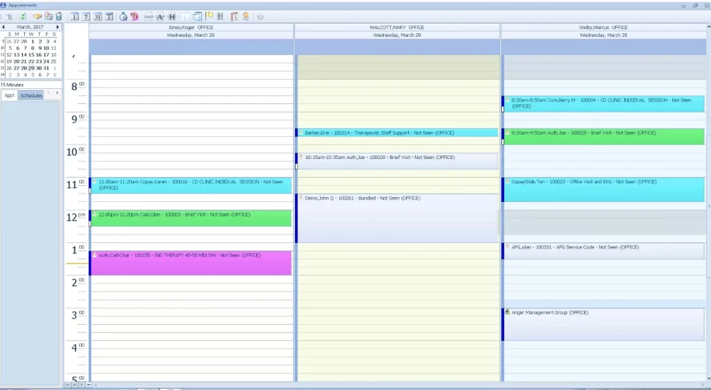 AccuMed EHR Software showing scheduling dashboard, provider timelines.