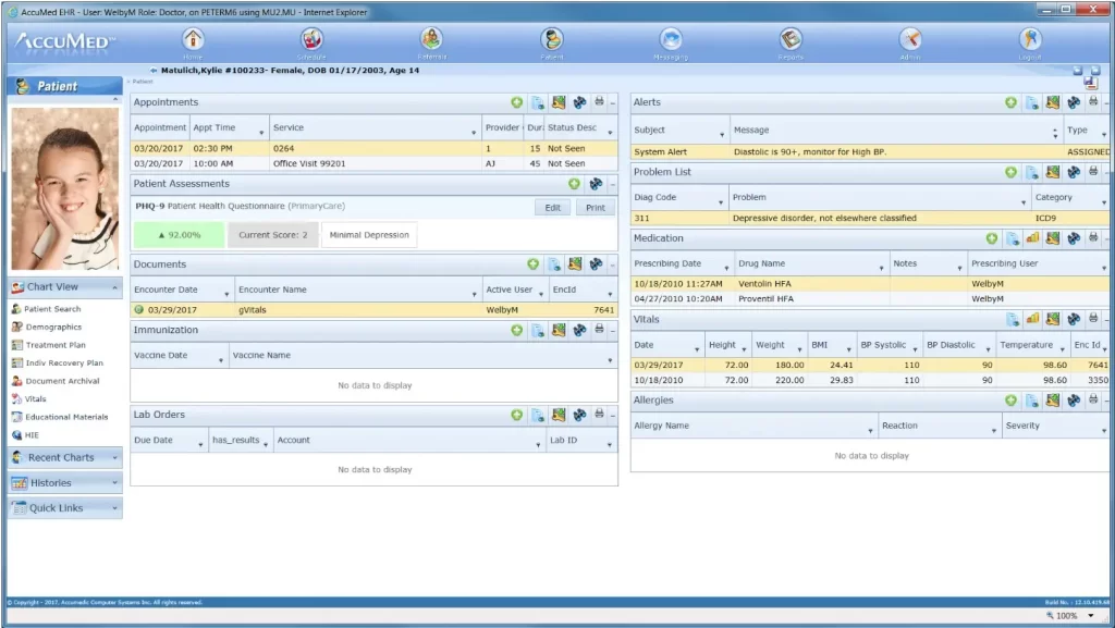 AccuMed EHR software showing patient and medical summary dashboard screenshot.