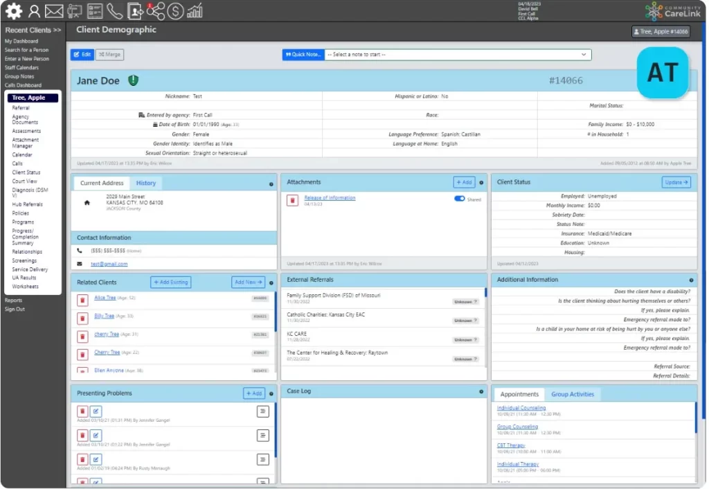 Community CareLink PM software showing client demographic dashboard with referrals and appointments.