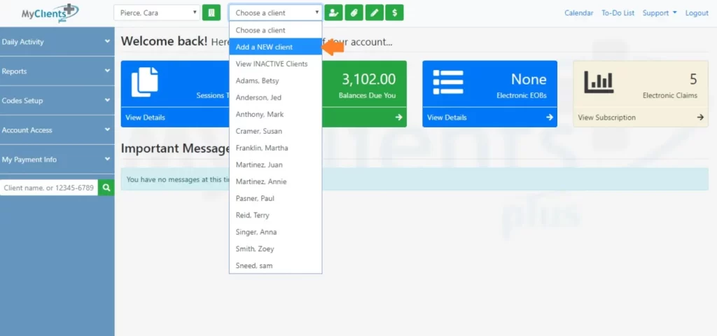 My Clients Plus EHR Practice Management Software Client Search