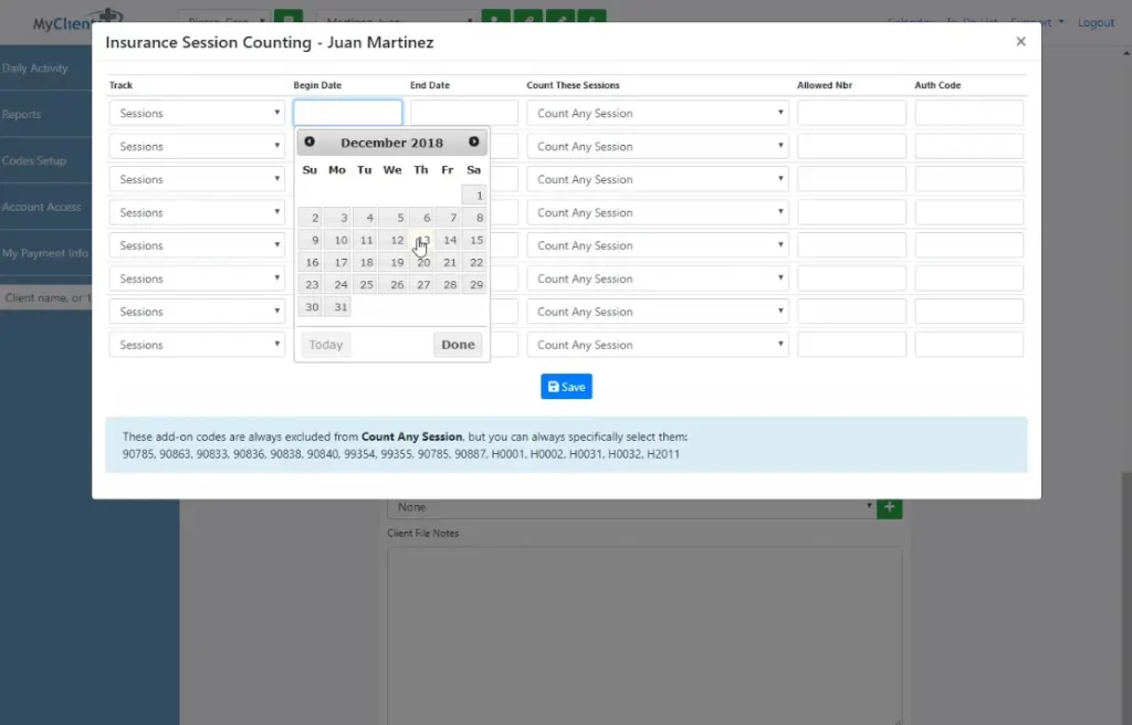 My Clients Plus EHR Software - insurance session dashboard
