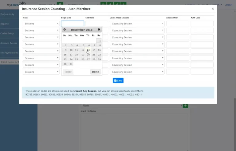 My Clients Plus EHR Software - insurance session dashboard