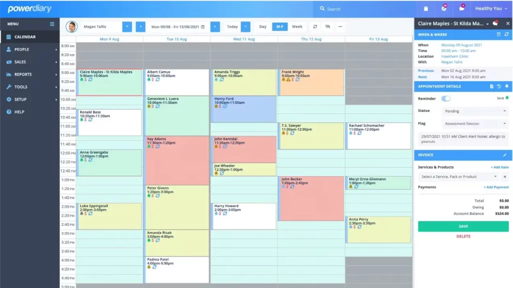 Zanda EMR software provider timeline calendar and appointments details dashboard screenshot.