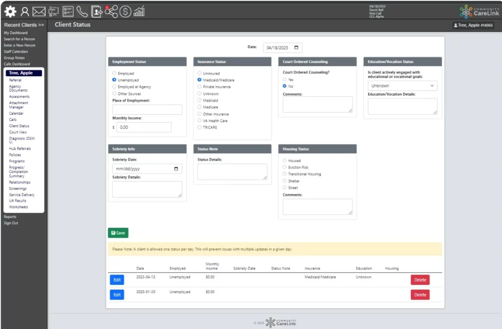 Community-CareLink-Practice-Management-Software-Client-Status
