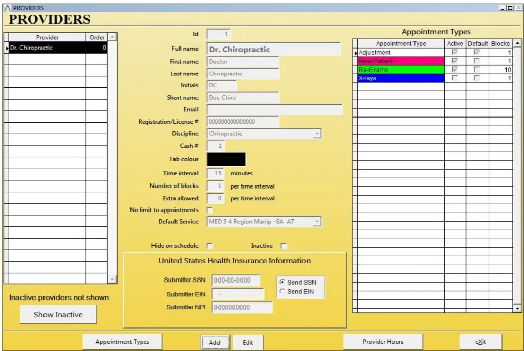 Atlas Chiropractic EHR software Provider Setup form and appointment type dashboard screenshot.