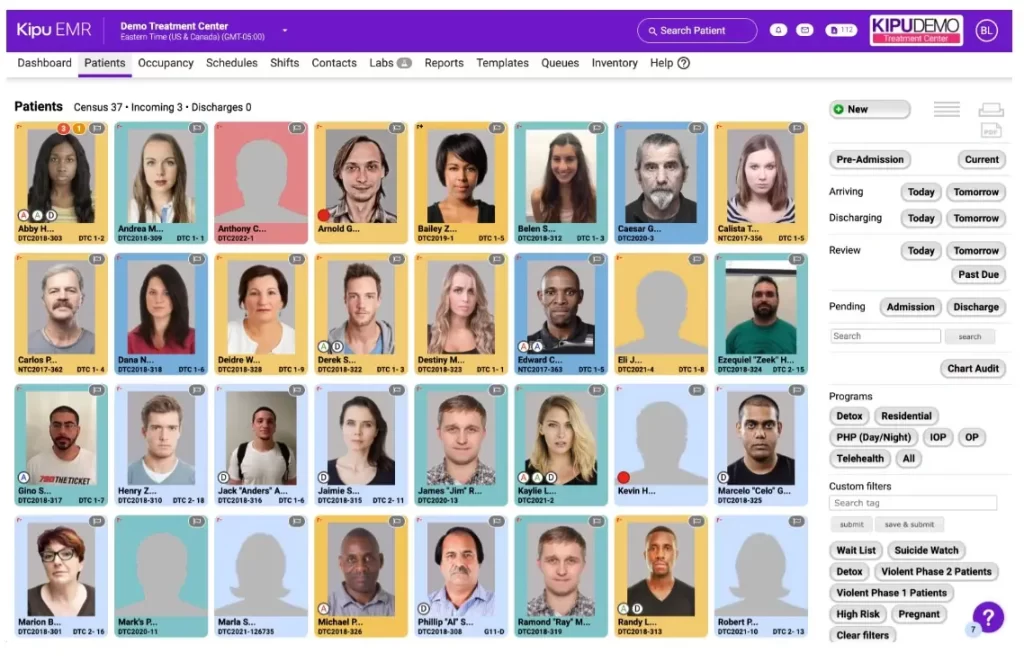 KIPU Behavioral Health EHR software patient photos and treatment status dashboard screenshot.
