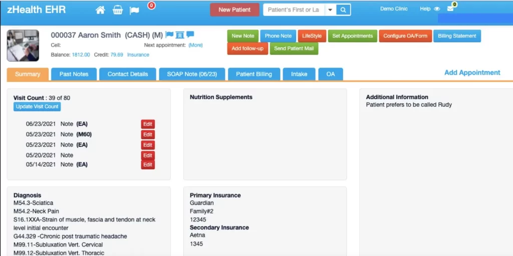 zHealth EHR software patient profile and insurance history dashboard screenshot.