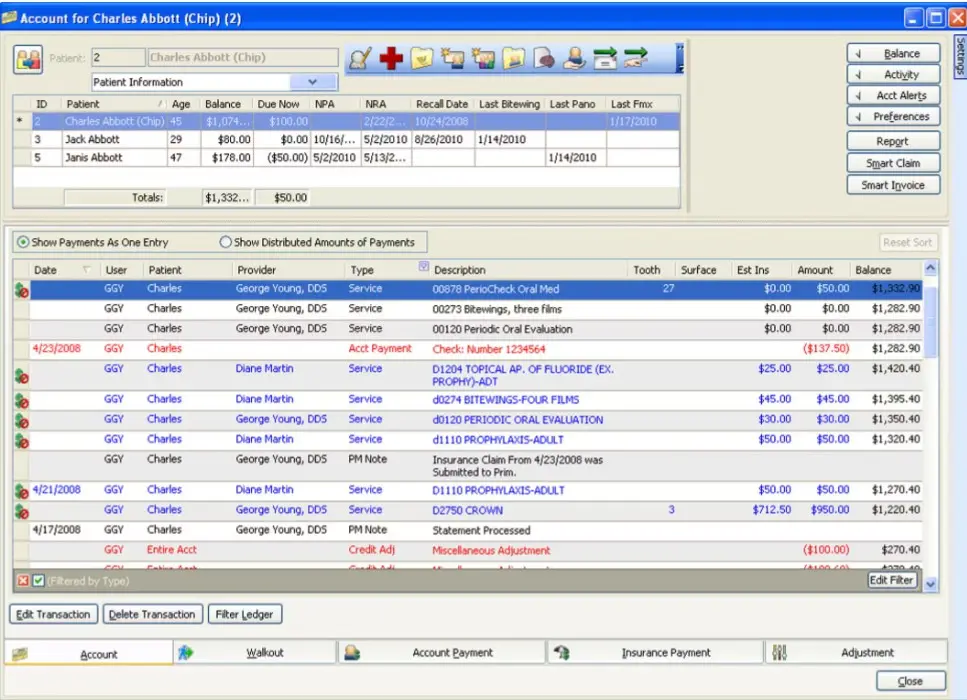 Egalesoft Dental PM software accounts record and patient demographics field dashboard screenshot.