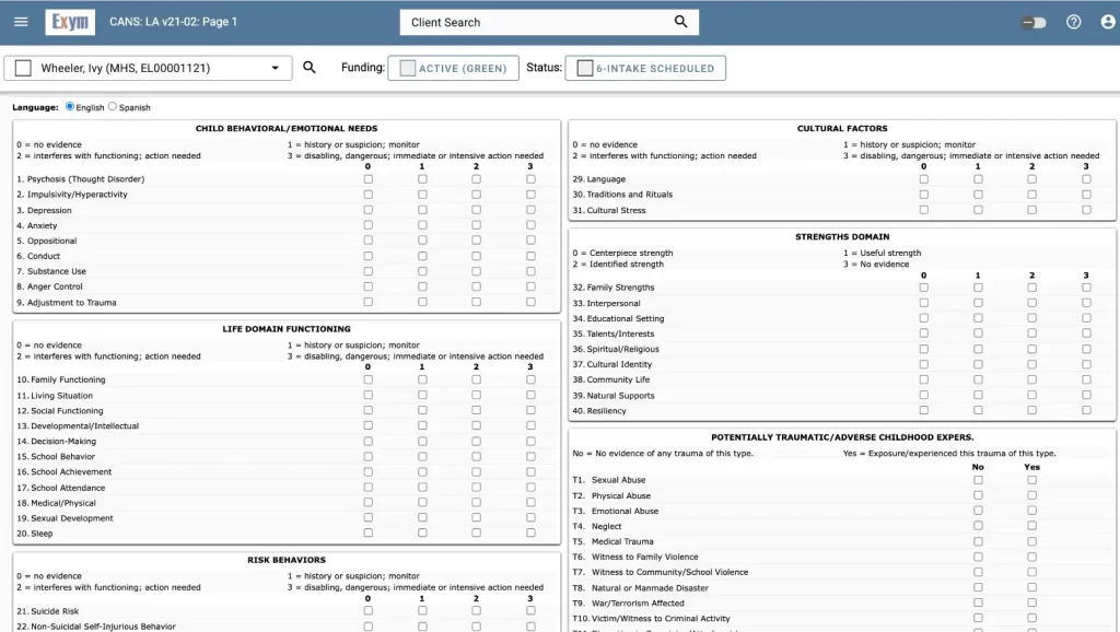 Exym Behavioral Health EHR software behavioral evaluation forms dashboard screenshot.