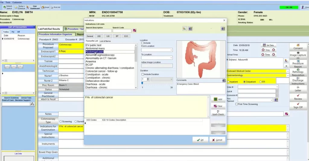 EndoVault EHR software showing detailed procedure indication with symptom lists and image.