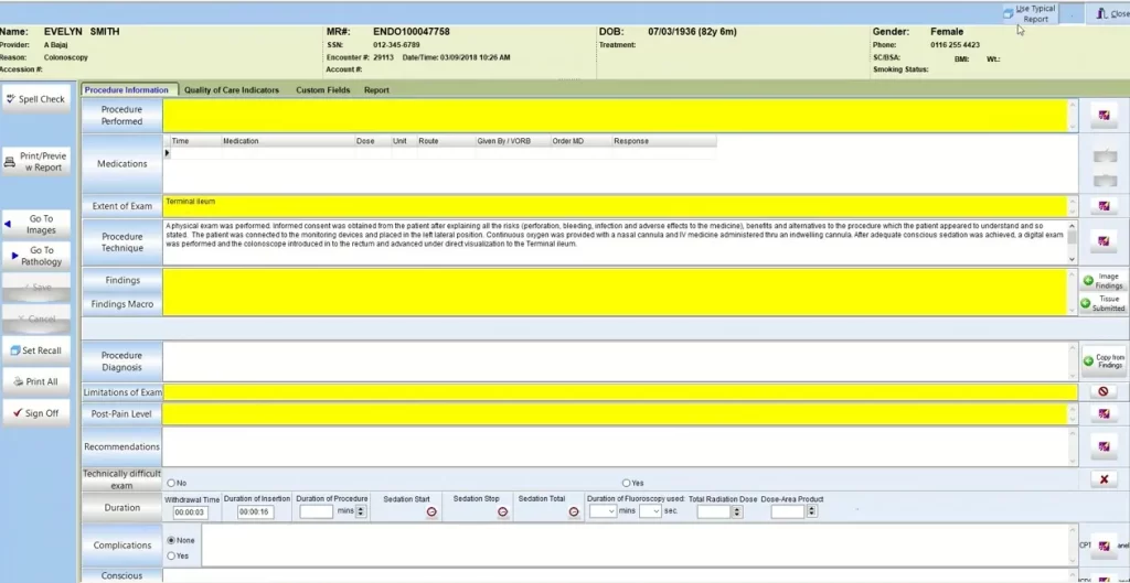 EndoVault EHR software showing procedure details, and exam documentation dashboard.