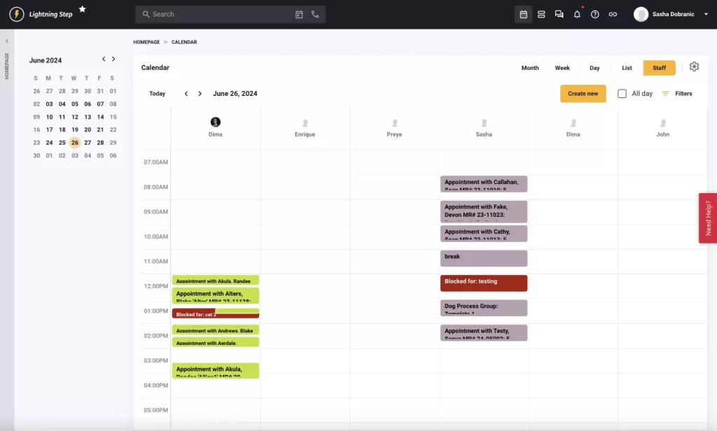 Lightning Step EMR software staff schedule and timeline calendar dashboard screenshot.