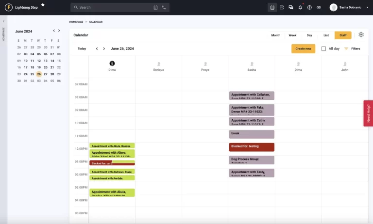 Lightning Step EMR software staff schedule and timeline calendar dashboard screenshot.