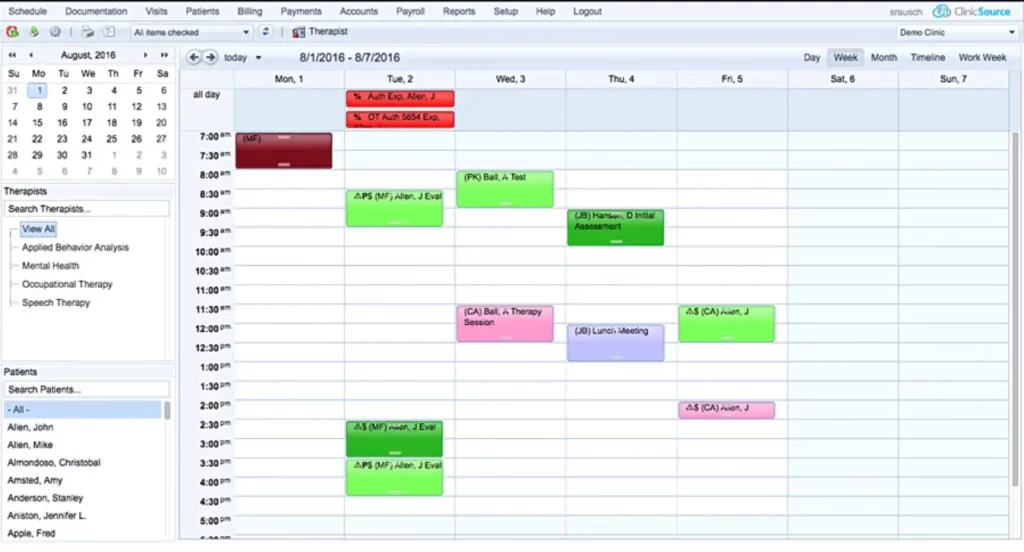 clinicSource EMR software weekly appointment calendar with therapist and patient fields dashboard screenshot.