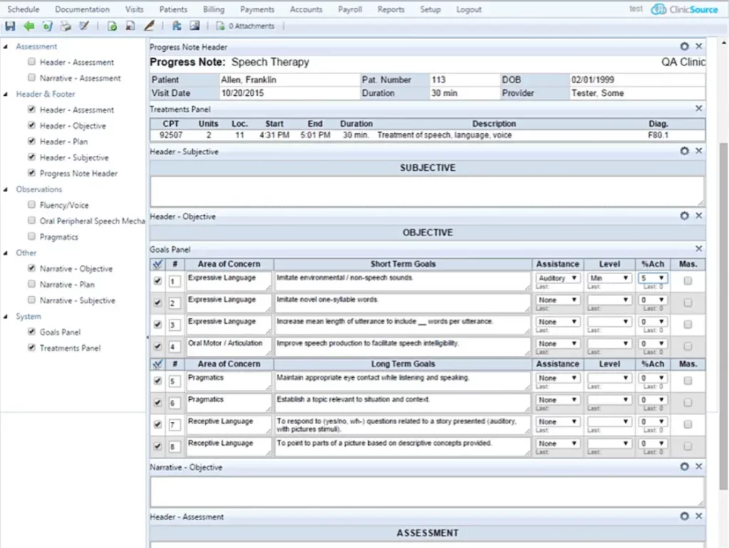 ClinicSource EMR software showing patient therapy goals and progress note fields.