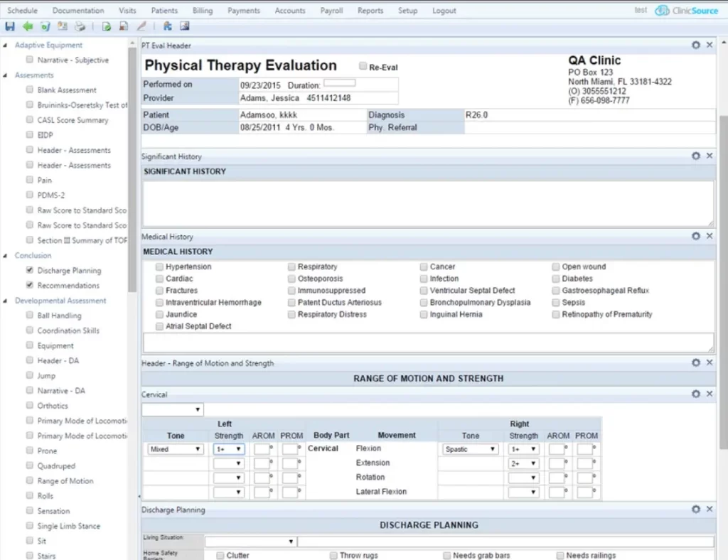 ClinicSource Therapy EMR software showing Physical Therapy Evaluation form with medical history and clinical notes.