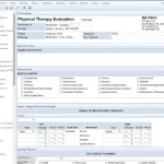 ClinicSource Therapy EMR software showing Physical Therapy Evaluation form with medical history and clinical notes.