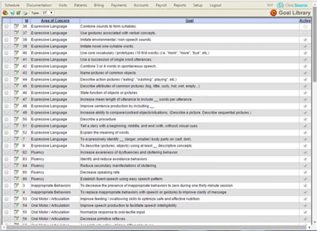 ClinicSource EMR software Goal Library table with detailed goals and active indicators dashboard screenshot.