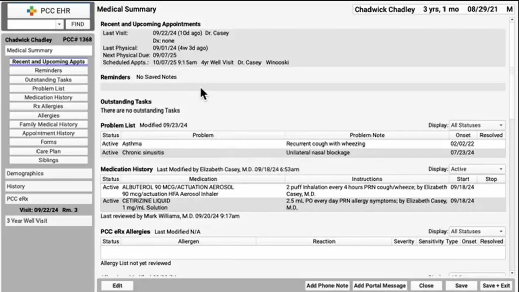 Pediatric EHR software medical summary screen showing appointments, task status and diagnoses details.