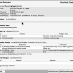 Pediatric EHR software medical summary screen showing appointments, task status and diagnoses details.