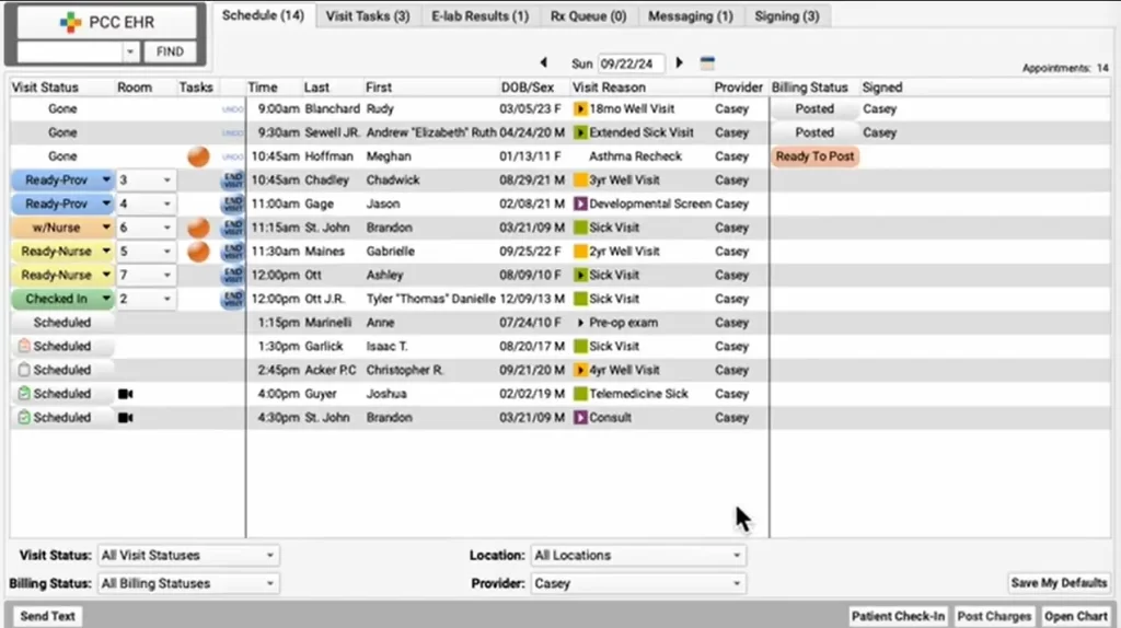 Pediatric EHR software showing patient scheduling dashboard with patient details list, billing and visit status record.