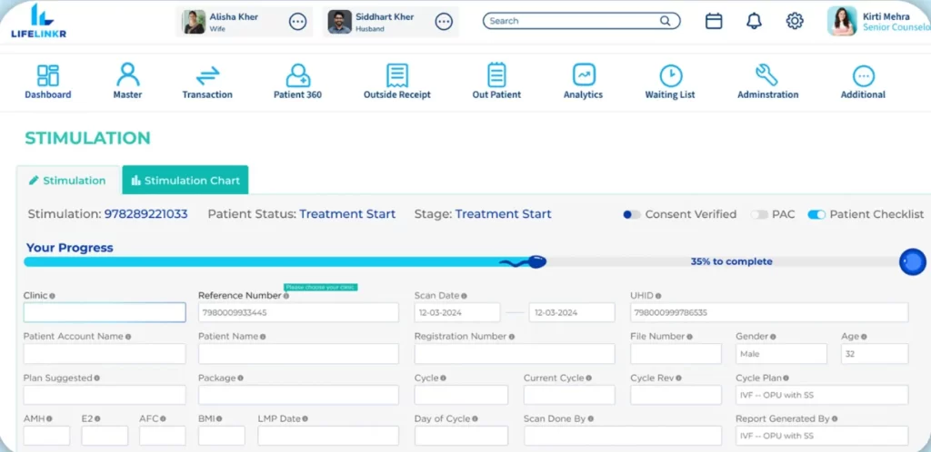 LifeLinkr IVF Clinic Management EMR Software patient stimulation progress and treatment form interface.