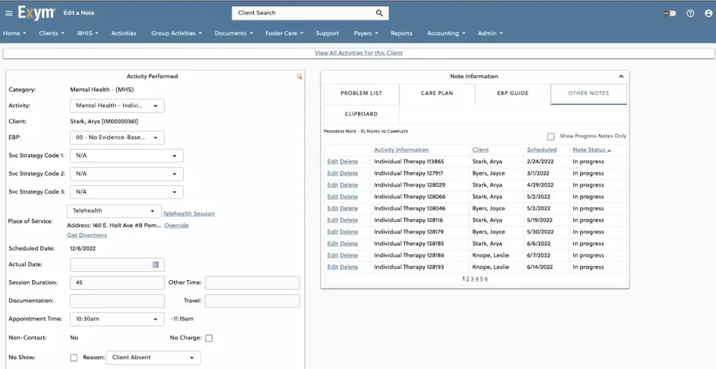 Exym-Behavior-Health-EMR-Practice-Management-Software-Client-Activities